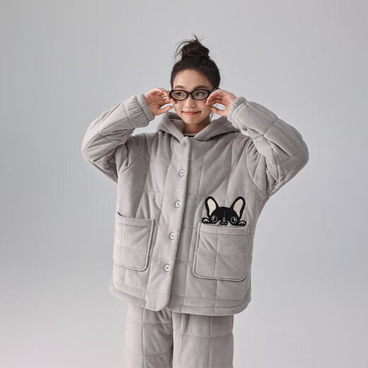 Kissing Cat Hooded Island Velvet Quilted Couple Pajamas Women's Winter Suit Three Layers Thickened Men's Home Clothes Outerwear 7032 Tea Brown Men L