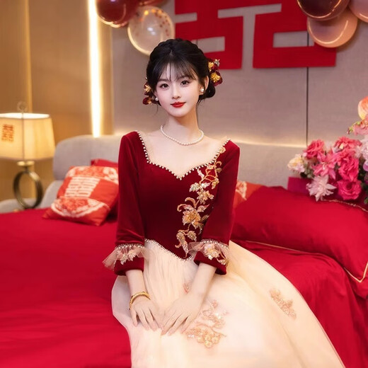 Li Baixin Toast Wear 2025 New Winter Long Sleeve Bridal Engagement Dress Burgundy Student Art Exam Fugitive Princess Dress Burgundy S