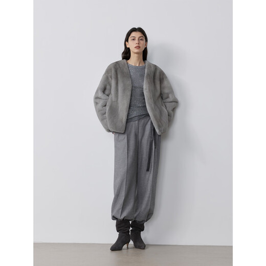 
Fu Zhien Louvre Second Generation Imported mink fur for women's whole mink short V-neck simple mink velvet coat in winter Baojiamei Legend Black L