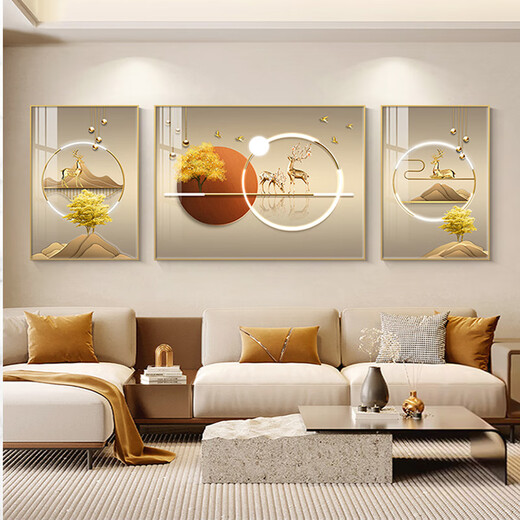 美优淳轻奢福禄客厅装饰画沙发背景墙挂画现代简约大气三联画高档壁画 JD14222福禄满盈 左右50*70中间90*70 晶瓷铝合金金框