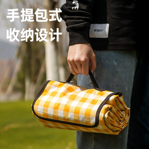 Deli thickened picnic mat outdoor oversized foldable ground mat camping beach tent moisture-proof mat yellow and white grid large