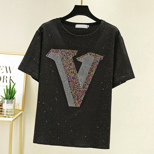 Shanidoluo Gran tamaño Fat Sister Clothing Nuevo producto Producto Fat Pertane Mirando Camiseta de tapa de diamante de hierro Camiseta 16817 Negro-Preesación de 3 días Envío 2xl Recomendado 140-160Jin [Jin equivale a 0.5 kg] para usar