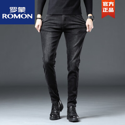 罗蒙（ROMON）秋冬季男士牛仔裤高弹力黑色潮流休闲修身长裤子 深灰色LZQN  1049 28