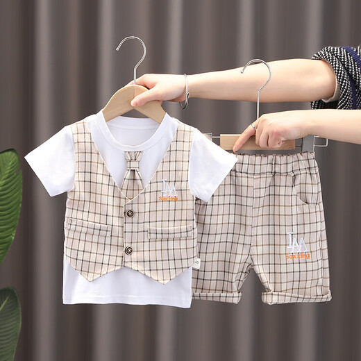 G.DUCKKIDS children's clothing boys' suit summer thin fake three-piece children's summer clothing pure cotton baby clothes small and medium-sized children's short-sleeved T-shirt 9202IM vest short-sleeved gray 100 Recommended 90-100cm3-4 years old
