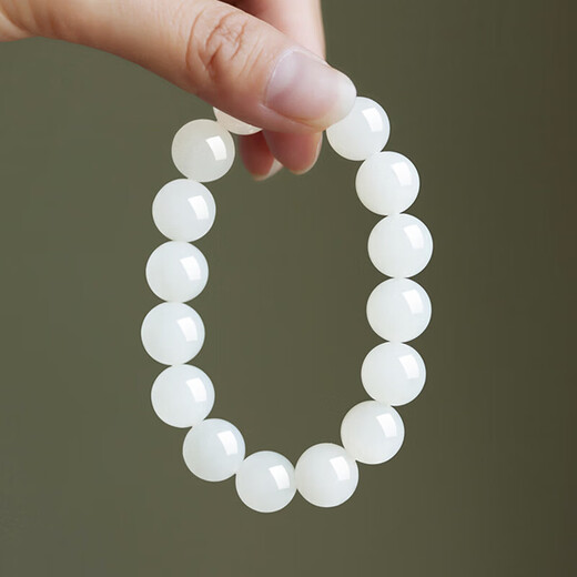 Manlicui New Year's Gift Hetian White Jade 12mm Bracelet Large Round Bead Bracelet Mutton Fat White Certificate for Men and Women