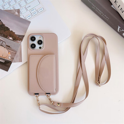 怡伽适用iPhone15手机壳卡包挂绳苹果13腕带插卡荔枝纹苹果14手机壳 双层零钱包黑色 iPhone15promax