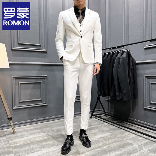 ROMON Groom's Suit Men's Business Professional Formal Wedding Dress British Style Casual Slim Korean Style Suit Men's White Three-piece Suit XL