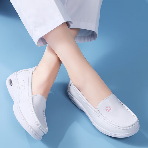 津炳胜护士鞋女春秋舒适防滑医护工作专用小白鞋一脚蹬久站不累脚平底鞋 护士鞋粉花【防磨气垫款】38码 20 脚宽脚胖拍大一码丨久穿不累脚