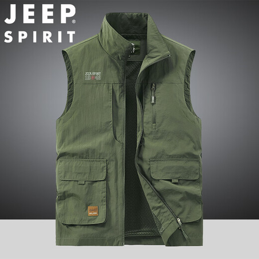 
JEEP SPIRIT stand-up collar vest for men wearing fleece slim fit large size workwear multi-pocket vest middle-aged vest Khaki 677A short velvet plus 3XL