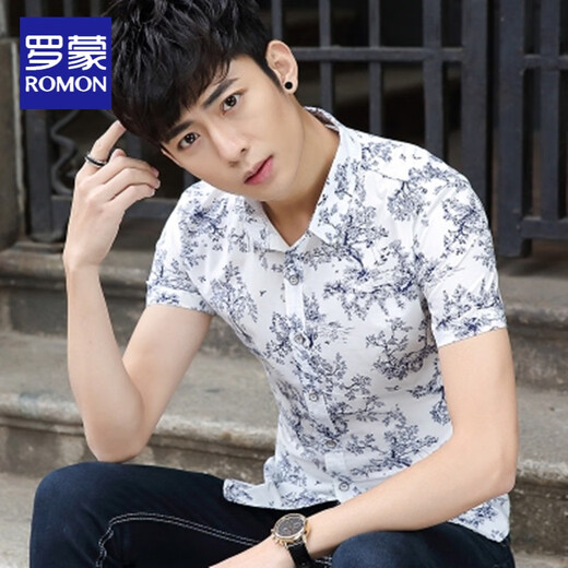 Romon Summer Herren Kurzarm-Hemd schlanker Jugenddruck Koreanischer Hemd im koreanischen Stil Casual Floral Tide Blue Herren-Kleidung 1048-5133 Dunkelblau XL (125-135jin [Jin Equals Equals gleichen]))