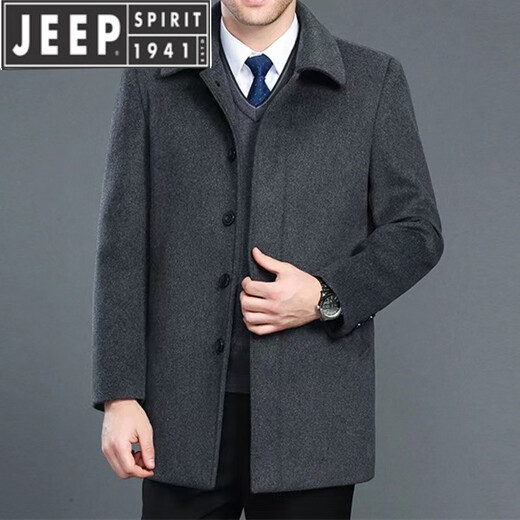 JEEP SPIRIT春秋羊毛呢子大衣中老年男士加厚翻领外套保暖大码扣子款夹克 黑色中长款【加绒】 185/96A 155-175斤