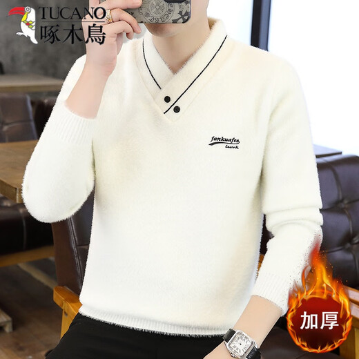 Woodpecker (TUCANO) Men's Sweater Autumn and Winter New Henley Collar Soft Wax Pullover Sweater Thickened Warm Imitation Mink Velvet Bottoming Sweater White M