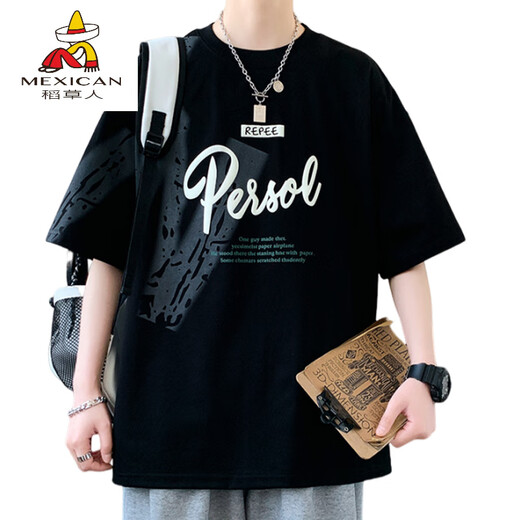 Scarecrow (mexikanisch) kurzärmelige Männer Sommer Lose Modemarke Briefe Gedrucktes runde Hals-obere halbe Ärmel T-Shirt American Casual Herren T-Shirt 693 Black M etwa 80-100 Jin [Jin Equals Equals 0,5 kg] kann getragen werden