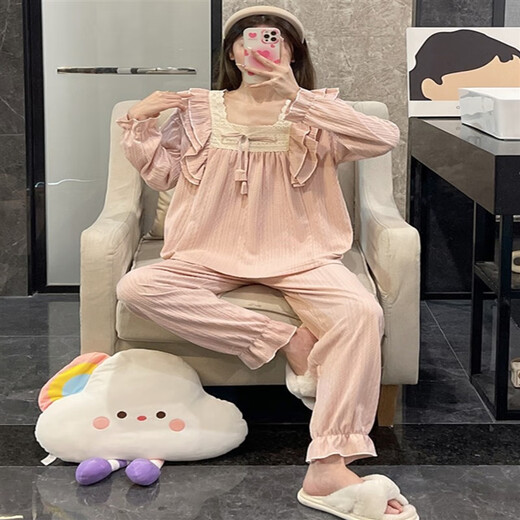 TULX Pure Princess Style Long Sleeve Pajamas Women's Spring and Autumn Cotton 2023 New Pink Lace Autumn and Winter Home Clothing 9904# Gray Blue (Double-length) L 100-120Jin[Jin equals 0.5 kg][High-quality cotton]
