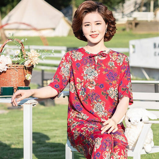 安梦影棉绸中老年女装中袖棉绸套装大码中老年夏季衣服女时尚妈妈装两件 橄榄绿 9226 均码 l 85-105斤