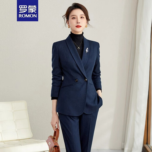 ROMON suit suit slim and fashionable high-end autumn and winter gold store shopping guide suit women's formal jacket professional work clothes navy blue suit jacket + pants S