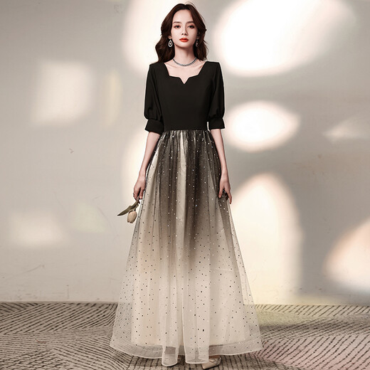 Li Baixin black evening dress French style for women to wear at ordinary times gradient starry sky long temperament choir banquet host black mid-length XXL
