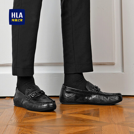 Heilan House Leather Shoes Men's Doudou Shoes Men's 2025 New Spring Breathable Business Casual Shoes Soft Sole Formal Slip-On Men's Shoes Black Four Seasons 42