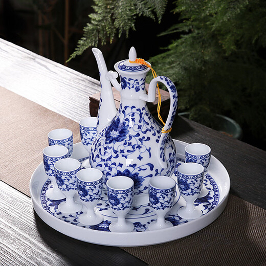Xihe Yinyao Xihetang Jingdezhen Ceramic Wine Set Liquor Goblet Spirit Cup Blue and White Flask Set Wine Cup Tangle Lotus Style (1 Pot, 10 Cups, 1 Tray)