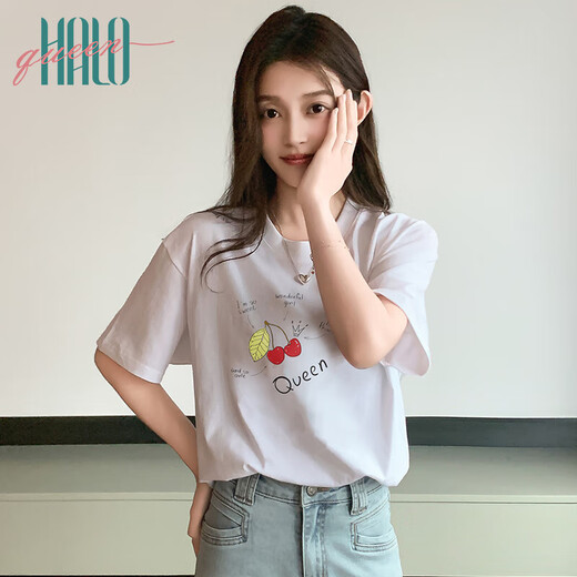 Halo Queen短袖T恤女夏季薄款休闲宽松圆领上衣樱桃涂鸦印花T恤H143T1591