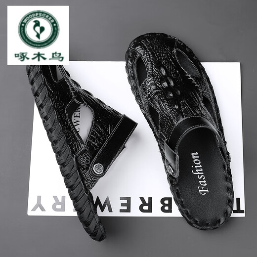 
Woodpecker 2024 summer genuine leather men's bag-toe soft-soled sandals wearing outdoor driving beach business high-end casual sandals M9855 black 38