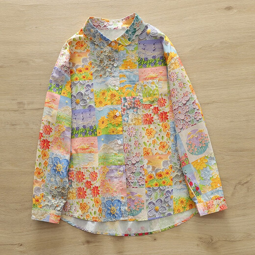 Nuanqiao cotton shirt women's long-sleeved mid-length spring and autumn contrasting color stitching color oil painting printed loose casual cotton shirt color printed oil painting one size (110-150Jin Jin equals 0.5 kg)
