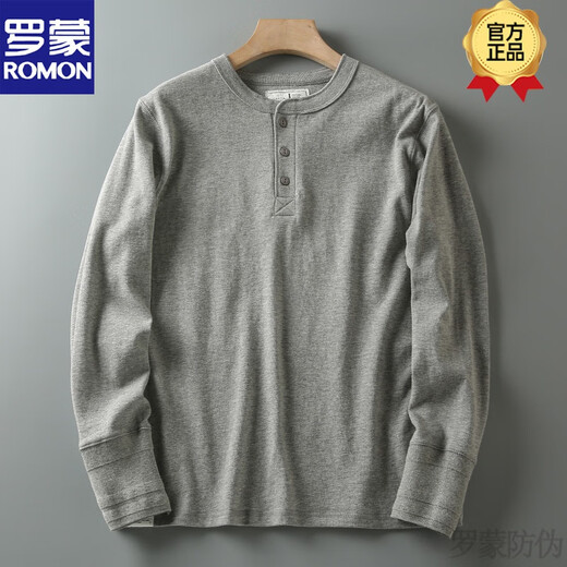 ROMON Spring and Autumn New American Casual Henley Shirt Men's Retro Simple Versatile Solid Color Daily Long Sleeve T-shirt Basement Gray L