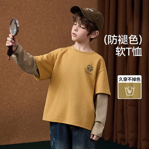 ASK JUNIOR heavy fake two-piece boys' T-shirts 2026 spring retro contrast color medium and large children's long-sleeved T-shirts