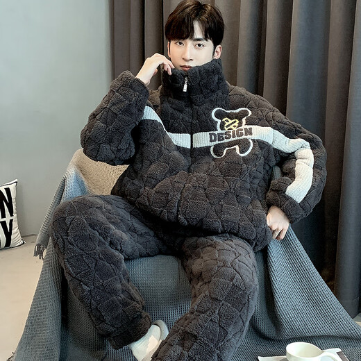 Langsha winter men's cotton pajamas coral velvet three-layer thickened warm home clothes for winter students can be worn outside students LMMQ9923 XL code 170-175CM/135-155Jin[Jin equals 0.5 kg]