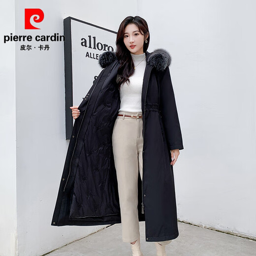 Pierre Cardin high-end duck down rabbit fur thickened removable liner long knee-length down jacket winter parka women's coat black snowflake fox fur collar 3XL 150-170Jin Jin equals 0.5 kg