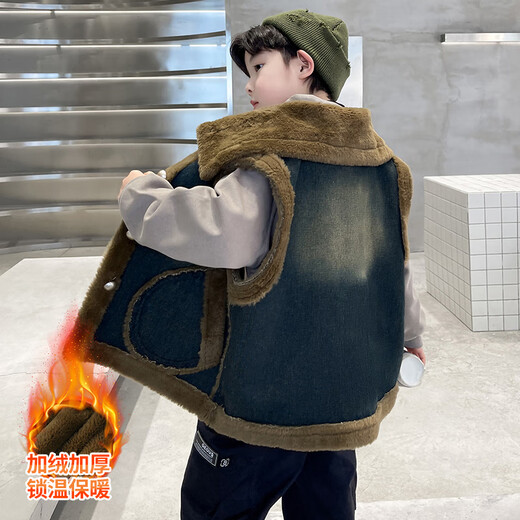 Fairy Tale Classroom Children's Thickened Denim Vest Jacket to Wear 2024 Winter Boys' New Warm Vest for Medium and Large Children Blue 160cm Recommended height is around 145-155cm