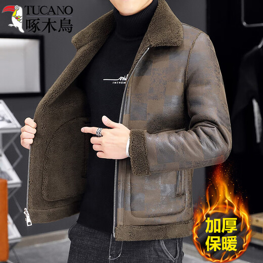 Woodpecker fur all-in-one jacket for men in autumn and winter 2025 new lamb wool lapel thickened high-end men's motorcycle leather jacket wool reversible Z1911-brown 4XL 160-175Jin Jin equals 0.5 kg