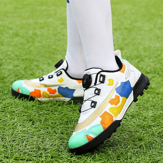 Feelaces Children's Rotary Button Schnürfußballschuhe Trainingschuhe TF gebrochene Nägel Jungen und Mädchen Mittelschüler Künstliche Gras-Sneaker 9893 Weiß 30