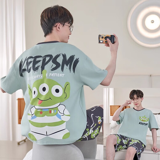 Junjun SUIDI MEI Herren Pyjamas Sommer Kurzarm Pure Cotton Student Cartoon Herren Sommer-Home-Anzug Teenager Jungen Set Short-Xy1098 Lazy Bear 3xL Standard (High 180-185 170-190jin [Jin gleich 0,5 kg])