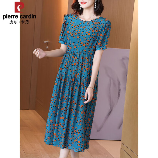 皮尔卡丹（pierre cardin）新款夏季重磅真丝连衣裙女气质中年妈取碎花中长裙显瘦遮肚 蓝色 3927 L 105-115斤