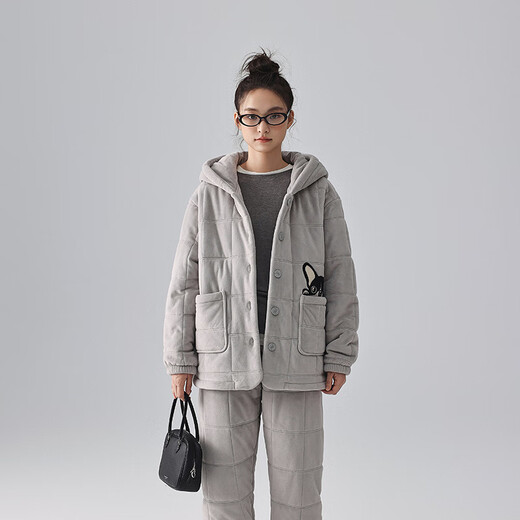 Kissing Cat Hooded Island Velvet Quilted Couple Pajamas Women's Winter Suit Three Layers Thickened Men's Home Clothes Outerwear 7032 Tea Brown Men L