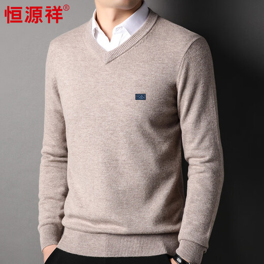 Hengyuanxiang 100% pure wool sweater men's V-neck thickened thick needle solid color versatile sweater HJ195 medium gray 175/92A