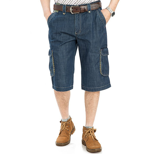JEEP SPIRIT Jeep Casual Denim Shorts Men Loose Multi-Pocket Straight Working Shorts Summer Men's Cropped Pants 753 753 Dark Blue Size 2 Foot 5