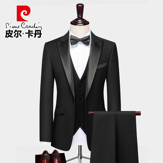 Pierre Cardin groom wedding suit men's show host slim suit suit male groomsmen knitted casual dress black green fruit collar two-piece suit (with gift bag) 2XL (136-150)