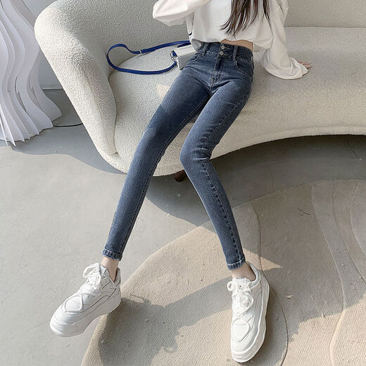 爱麦依蓝灰色牛仔裤女高腰显瘦2024年夏季新款弹力紧身显瘦小脚铅笔裤子 蓝灰【送腰带】 833 常规 27 建议90-100斤