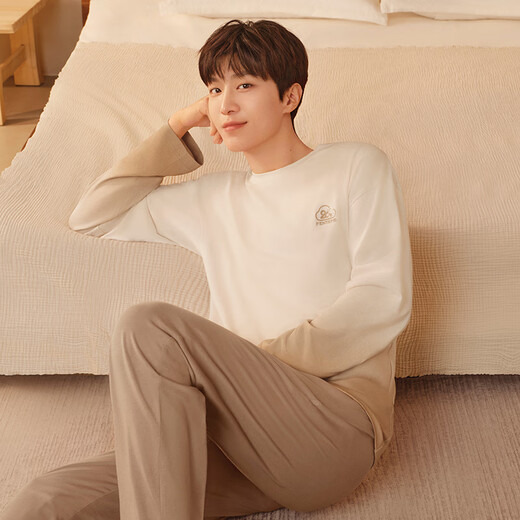Fenton Couple Pajamas Fan Chengcheng's Same Style Star's Same Style Autumn Temperature Control Sleep Clothes Round Neck Home Clothes Set Elegant Brown-Men's 2XL