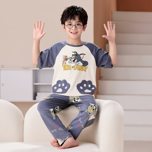 EMBERLOVE男童睡衣纯棉儿童春秋薄款短袖长裤套装大童青少年男孩空调家居服 N9902【短长】 130 14码，【45斤-55斤】