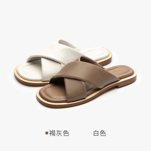 莱尔斯丹时尚休闲交叉带平跟一字拖凉拖女鞋4M12801 褐灰色 TPK 38