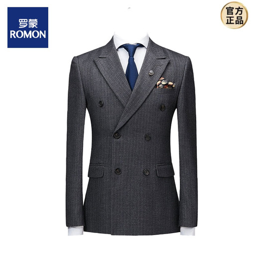 ROMON suit men's British slim double-breasted suit three-piece brushed striped business formal work clothes double-breasted gray (suit + vest + trousers) 3XL