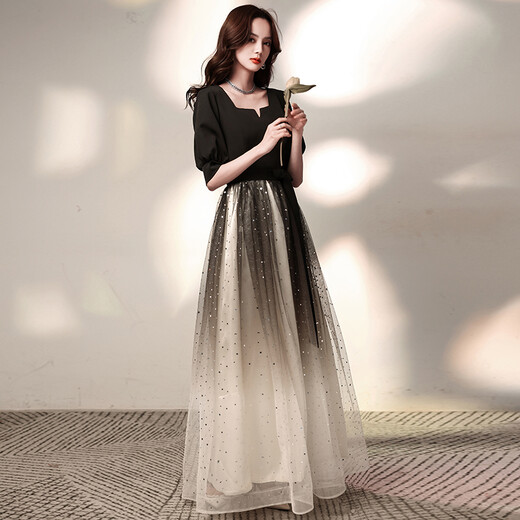 Li Baixin black evening dress French style for women to wear at ordinary times gradient starry sky long temperament choir banquet host black mid-length XXL