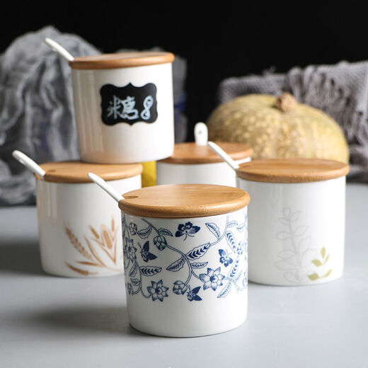 Jingyi Oil Spicy Jar Ceramic Seasoning Jar Salt Jar Sugar Jar Vinegar Pot MSG Jar Sesame Oil Jar Seasoning Jar Bottle Salt Jar Oil Spill Ancient Shape Blue and White