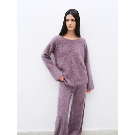 Fu Zhien Half-cooked Winter Dingshe Cashmere Brushed Comfortable Loose Round Neck Sweater Straight Pants Knitted Suit 2024 Iris Color-Top S