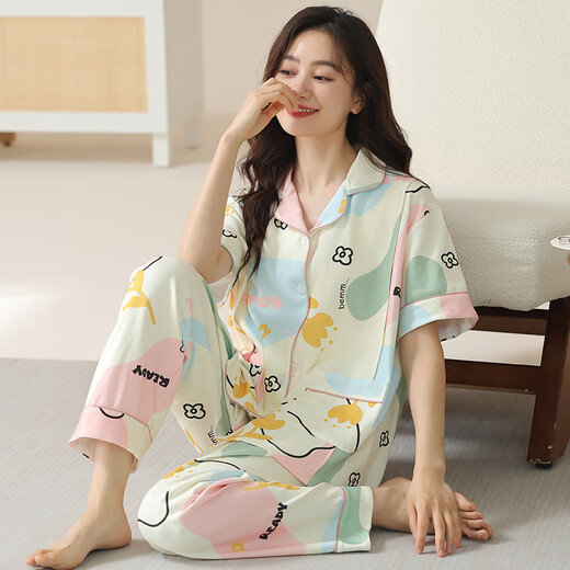 曼德莱芬 月子服夏季纯棉睡衣女款大码短袖长裤产后哺乳孕妇家居服套装 HD6913 女XL(120-140斤)