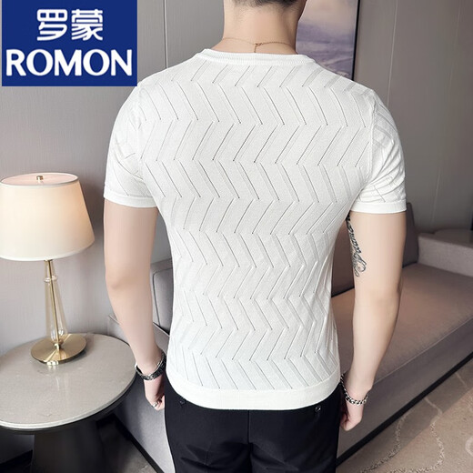 Romon Summer Ice Seide Schwarze Herren High-End-Kurzärärmel-T-Shirt für Männer hohl gestricktes rundes Hals Schlanker Anfall Neues atmungsaktives T-Shirt Dünn 9759 Grau (Diamantplaidstil) xl