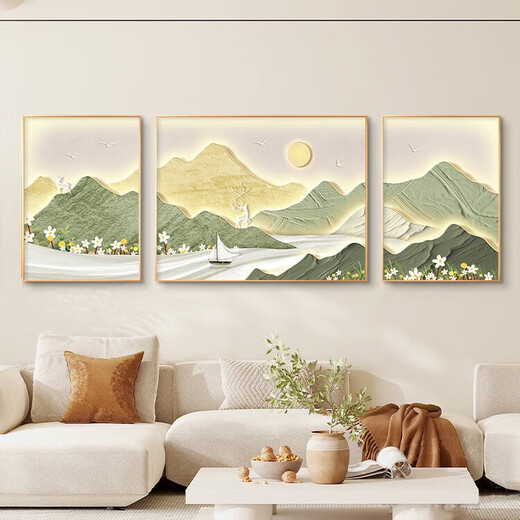 北欧日照金山客厅装饰画奶油风高级感风景山水画沙发背景墙挂画 K12529 左右40*60中80*60晶瓷金属